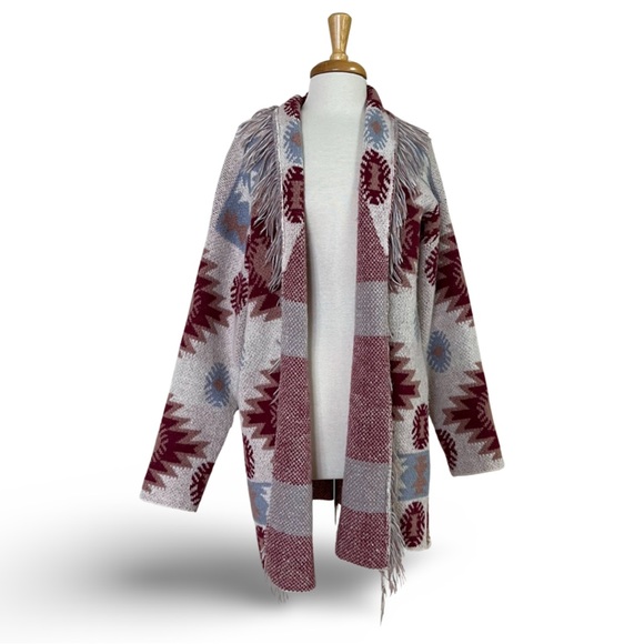 Vintage Southwest Sweater Coat with Shawl Collar & Fringe - Picture 7 of 7